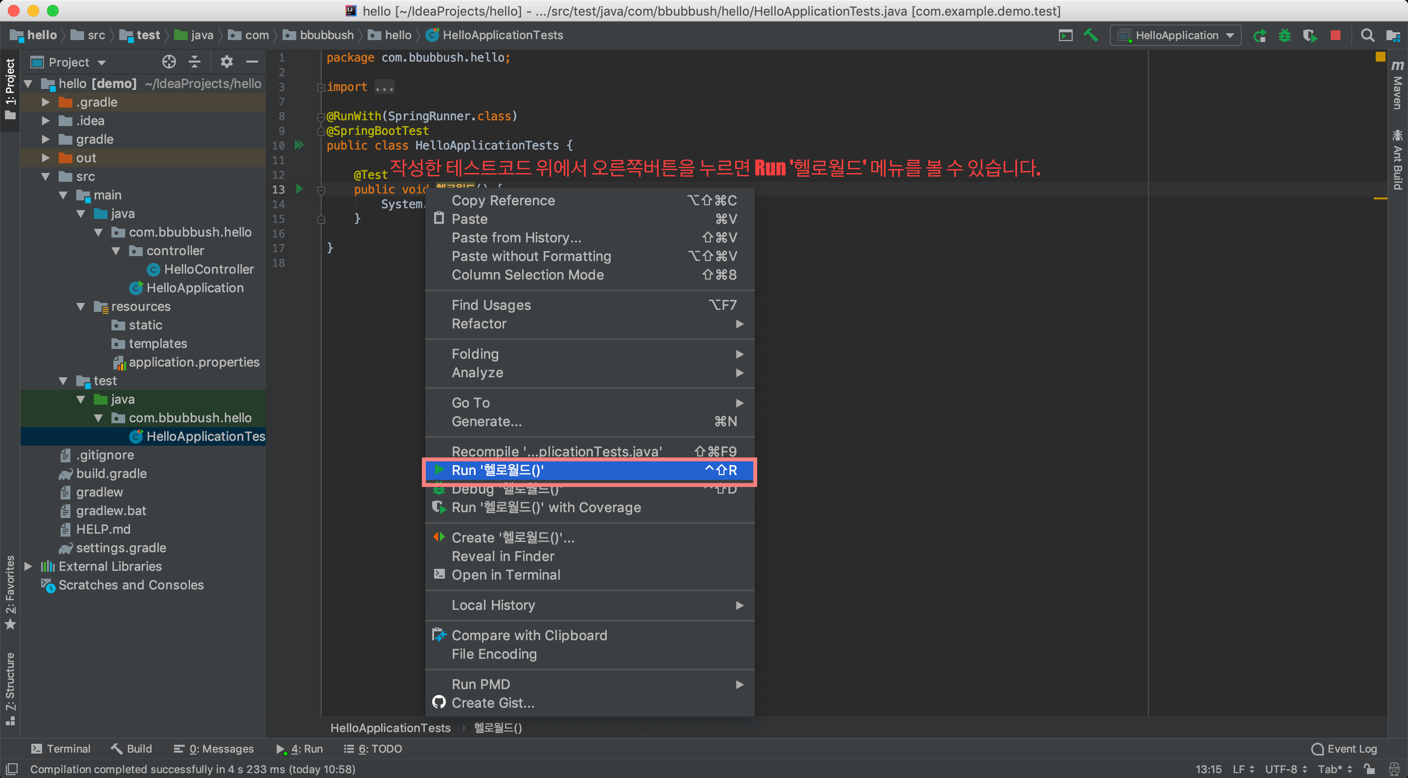 테스트 메소드 실행